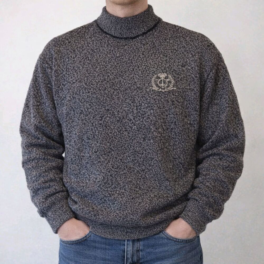 Vintage 90's IOU Knit Sweater Mens Speckled Gray Crewneck Pullover Medium Legend